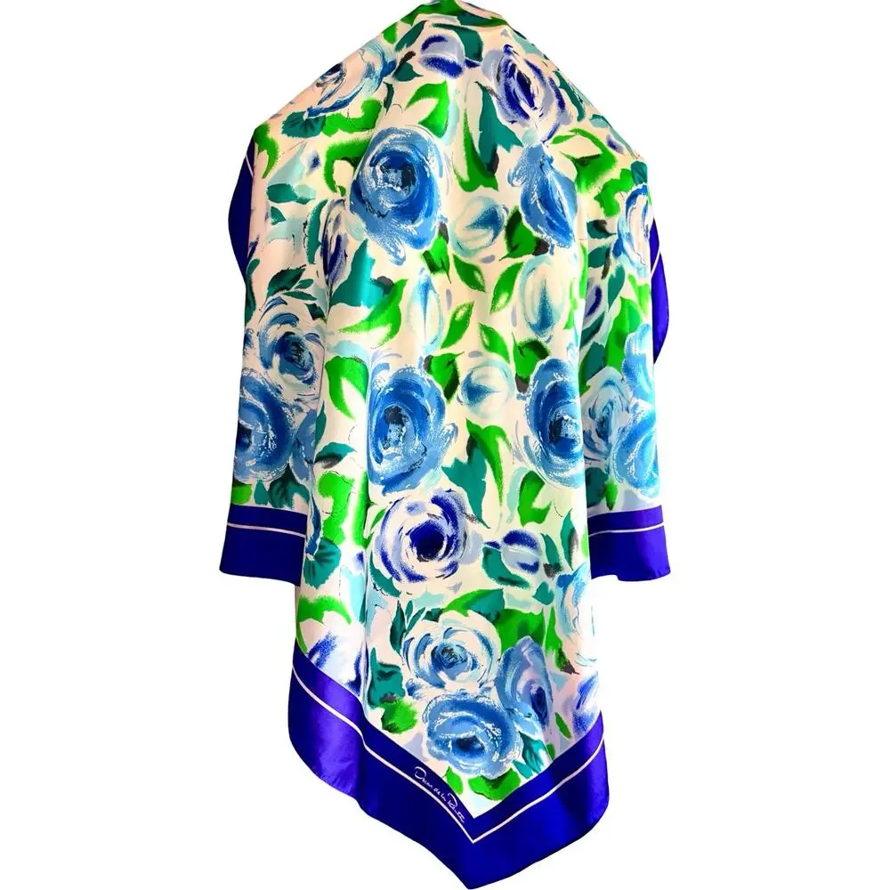Vintage Oscar de la Renta Silk Scarf 1990s Blue Green Rose Floral 34x34 Square